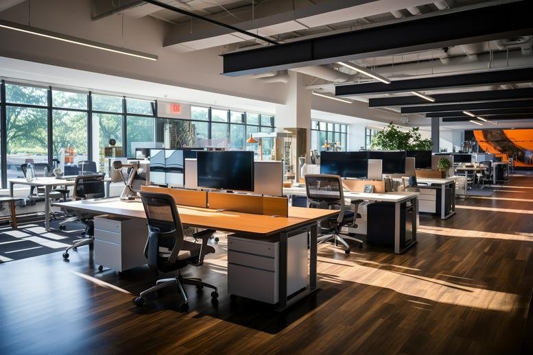 Large open-plan workspace at WeWork Noble House with multiple desks, monitors, and wooden floors.