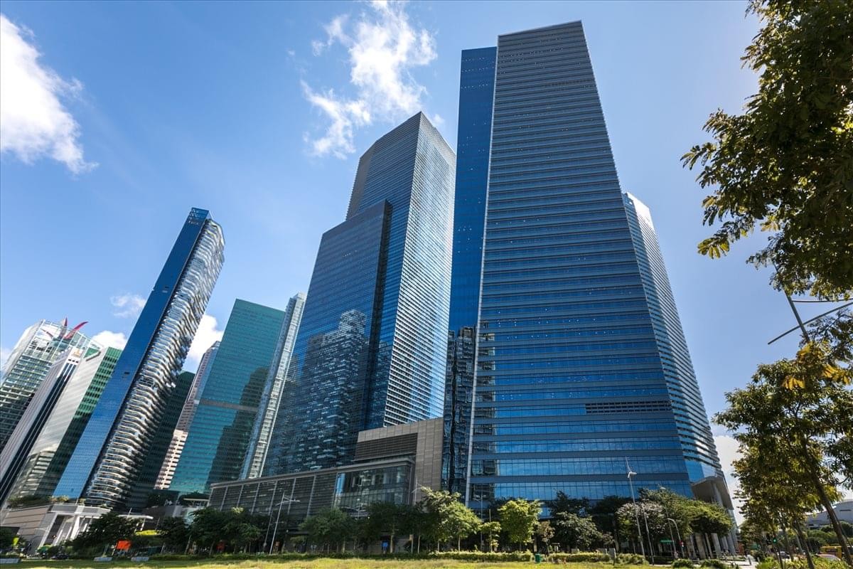 Exterior view of the glass-facade Marina Bay Financial Centre at 12 Marina Boulevard.