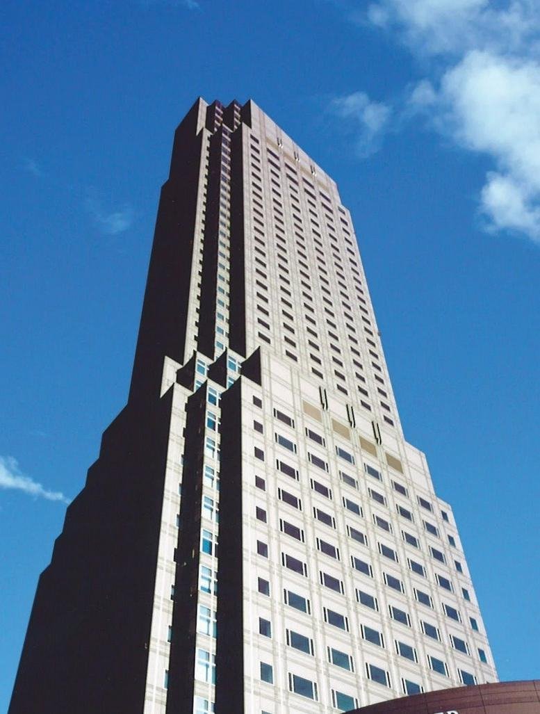 Exterior view of the towering skyscraper facade of Cerulean Tower, Sakuragaoka-cho, Shibuya-ku, Tokyo.