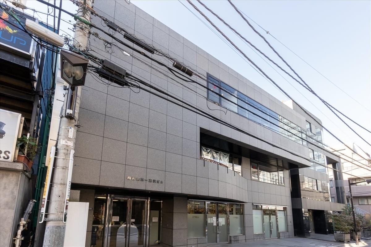Exterior view of the modern grey tiled facade at Minami Aoyama Daiichi Nirasawa Building.