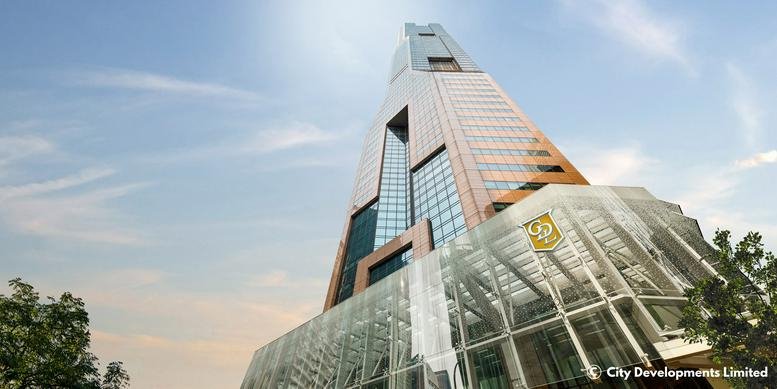 Exterior view of the soaring glass and stone facade of Republic Plaza.
