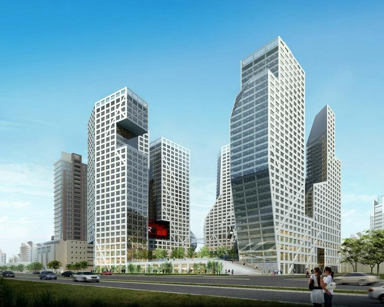 Exterior view of the modern glass-facade towers at South Renmin Road, Wuhou District, Chengdu.