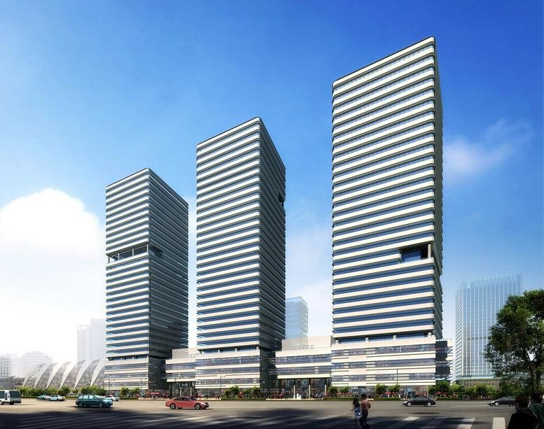 Exterior view of the three modern striped skyscrapers at 79 First Avenue, Tianjin.