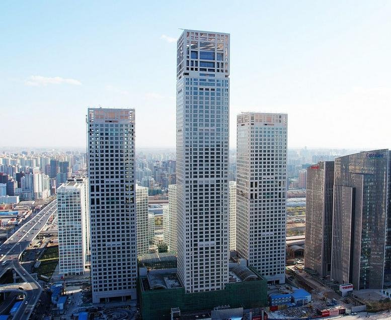 Exterior view of the towering glass facades at the Yintai Centre in Beijing.