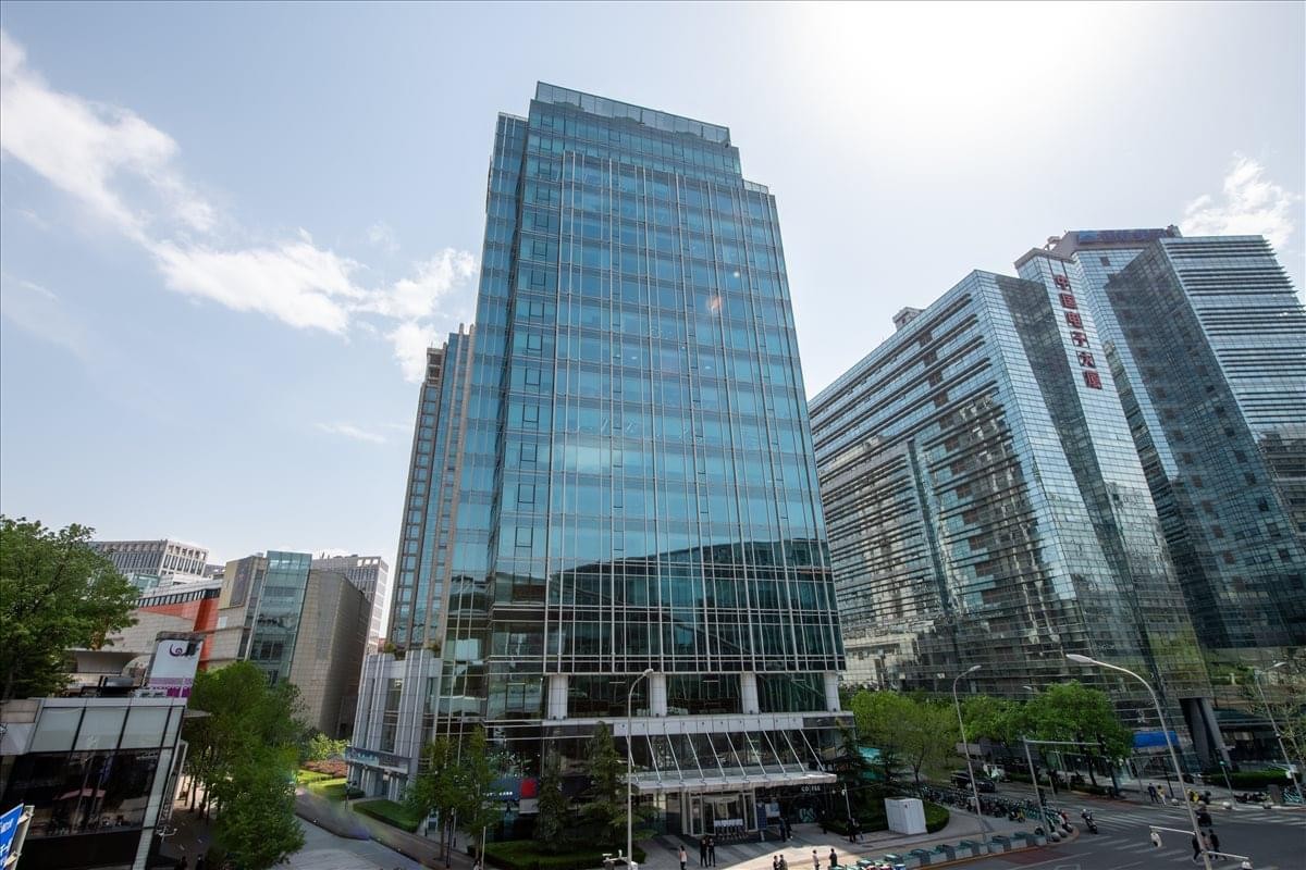 Exterior view of the glass-facade Zhongguancun Metropolis Tower in Beijing.