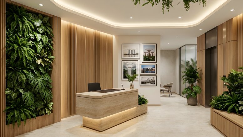 Reception area at Plot No - 18, Palm Beach Road with a light wood desk and a lush vertical plant wall.