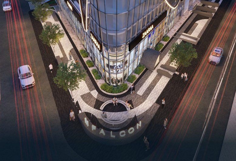 Aerial rendering of the modern curved glass facade at Redbrick Offices, M-Ramanujan, Baner.