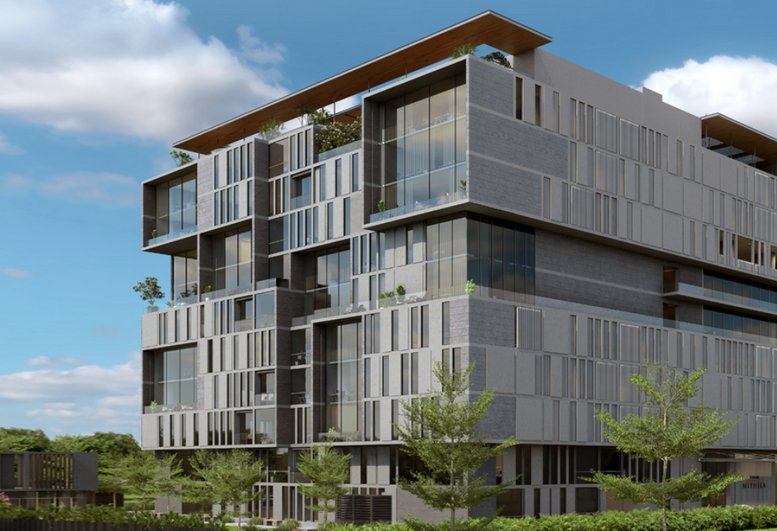 Exterior view of the modern geometric facade at Redbrick Offices, Rohan Mithila, Viman Nagar.