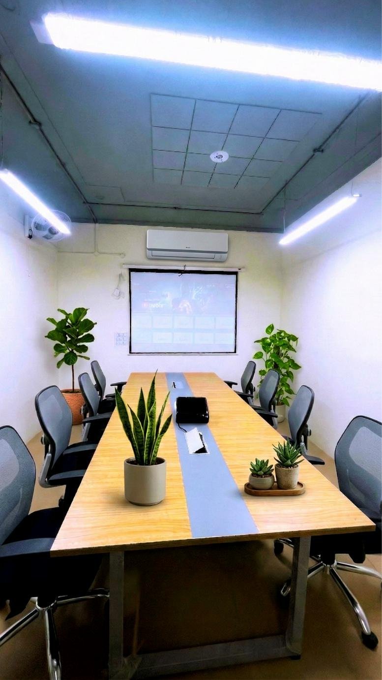 Modern conference room at Rz-4, Dichaon Kalan Road featuring a long wooden table and potted plants.