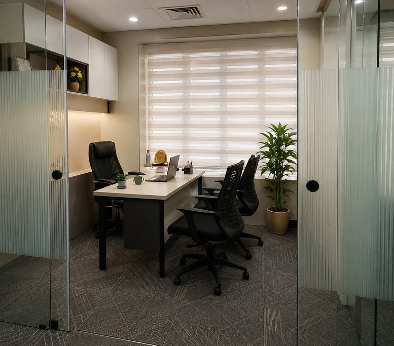 Private office at Bhutani Cyber Park Sector 62 with a large desk, leather chair, and warm ambient lighting.