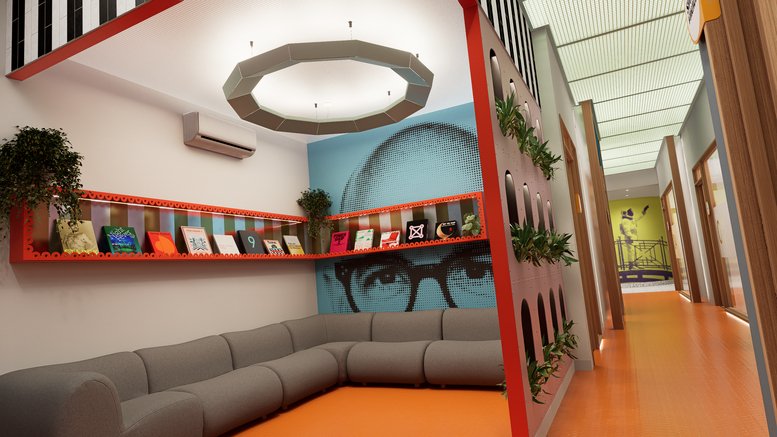 Brightly lit lounge area at 1-3, Prowse Street, Brunswick (VIC), Victoria with a curved sofa and portrait mural.