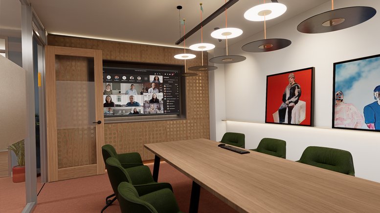 Professional meeting room at 1-3, Prowse Street, Brunswick (VIC) with green velvet chairs and video conferencing.