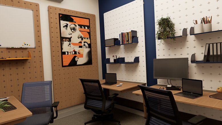Modern office interior at 1-3, Prowse Street, Brunswick (VIC), Victoria with sleek desks and blue accent walls.