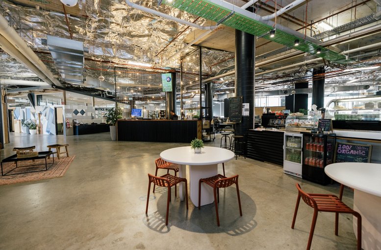 Wide view of a modern coworking space at 1-5 Link Road, Zetland, Sydney, Australia with industrial-style ceilings.