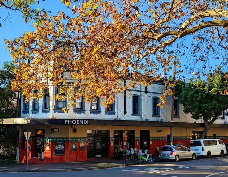 Exterior view of the Phoenix building at 1 Moncur Street, Woollahra with autumn trees.