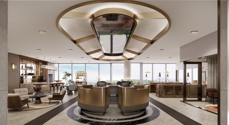 Reception area at 1 Pasir Panjang Road featuring a grand gold-accented desk and a designer oval ceiling light.