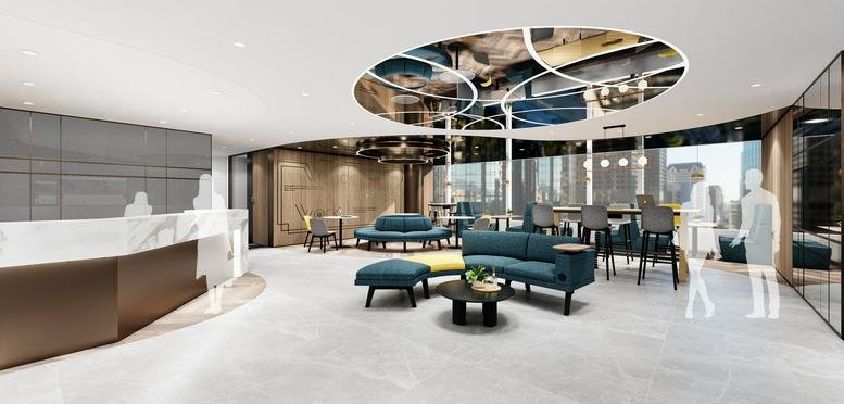 Spacious reception and lounge at CITIC Tower featuring a unique circular mirrored ceiling and modern furniture.