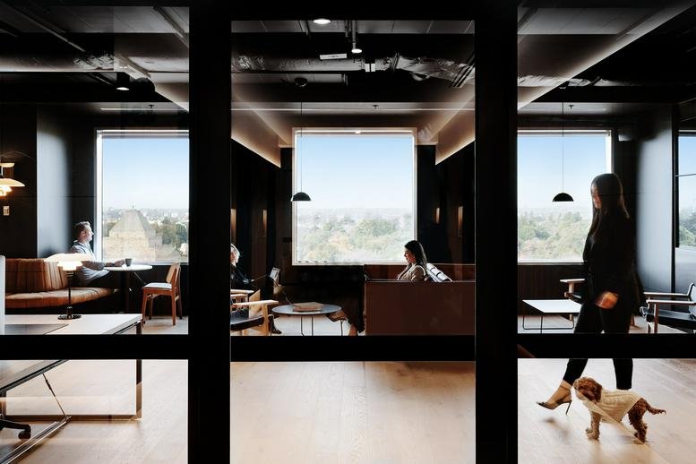 Spacious lounge area at Genworth Building, 101 Miller Street with natural light and city views through large windows.