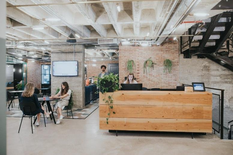 Bright reception area at 111 Arlozorov Street, 2nd and 3rd floors featuring a natural wood desk and greenery.