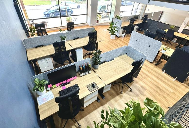 Spacious open-plan workspace at 117A, Murray Street, Tanunda, South Australia with wooden floors and plants.