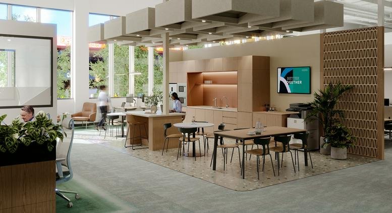 Spacious communal breakout area at 13-15 Cochranes Road featuring a kitchen, dining tables, and lounge seating.