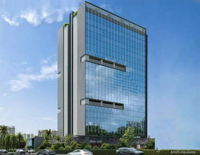 Exterior view of the modern glass-facade building at 142, New Link Road, Mindspace Malad West.