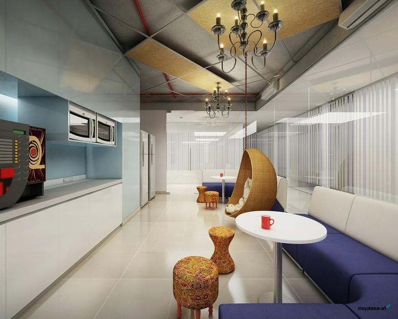 Spacious breakroom at Apeejay House (7F), 15 Park Street, Kolkata featuring a modern kitchen and hanging egg chair.