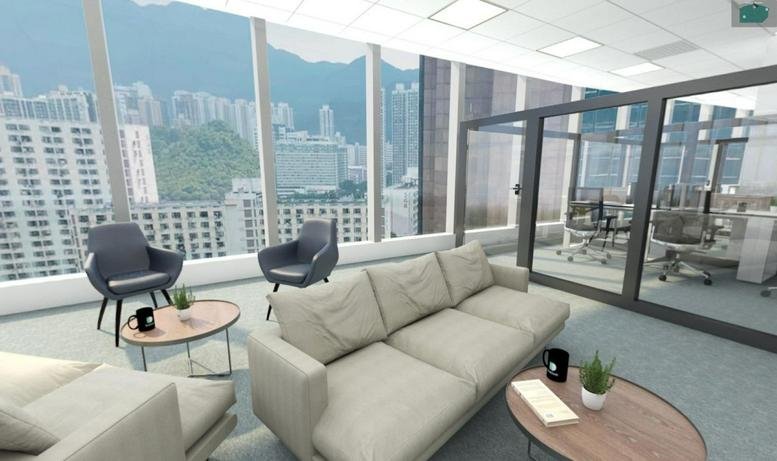 Bright breakout lounge at 18/F, Tower 1, Grand Central Plaza with grey sofas and mountain views.