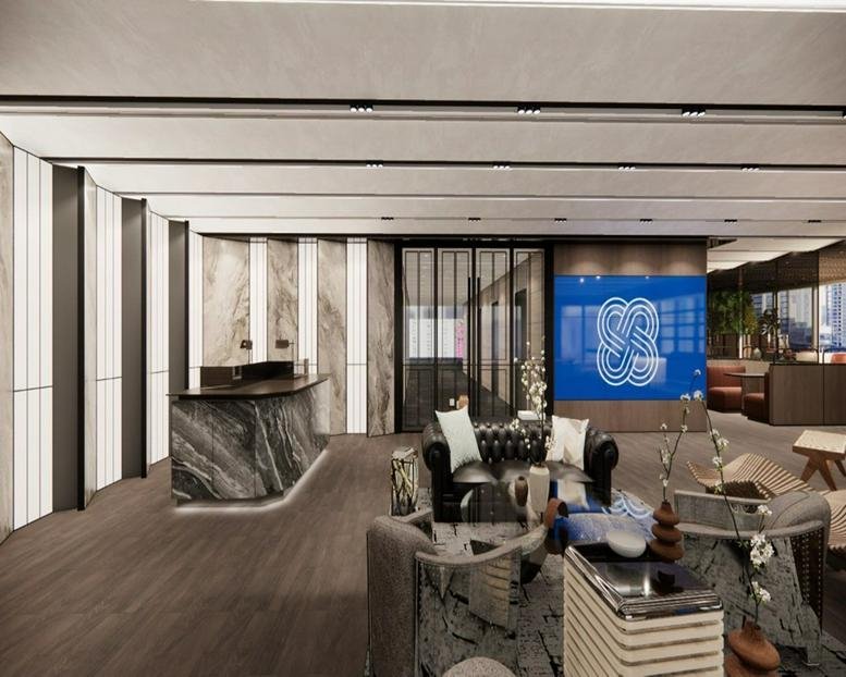 Spacious reception lobby at 2, Central Boulevard, Singapore with marble desk and stylish seating lounge.