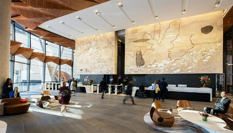 Expansive building lobby at 200 George Street, Central Business District, Sydney with large-scale wall art.