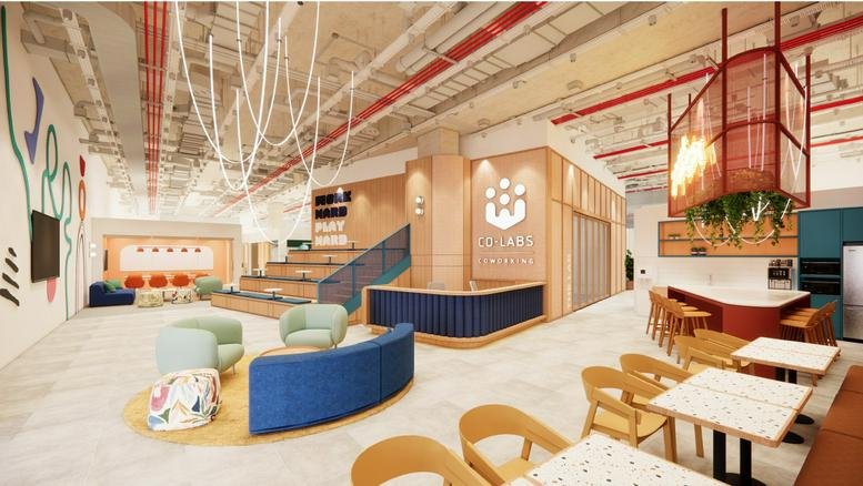 Lively open communal area at 201, Jalan Tun Sambanthan. Brickfields, Kuala Lumpur with colorful seating and tiered steps.