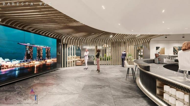 Spacious reception area at 21 Church Street, Floor 7, Singapore with a curved wooden ceiling and large digital screen.