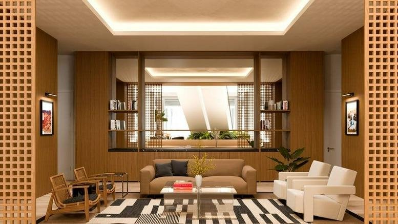 Lounge area at 21 Collyer Quay, Singapore featuring a patterned rug, warm lighting, and wood paneling.