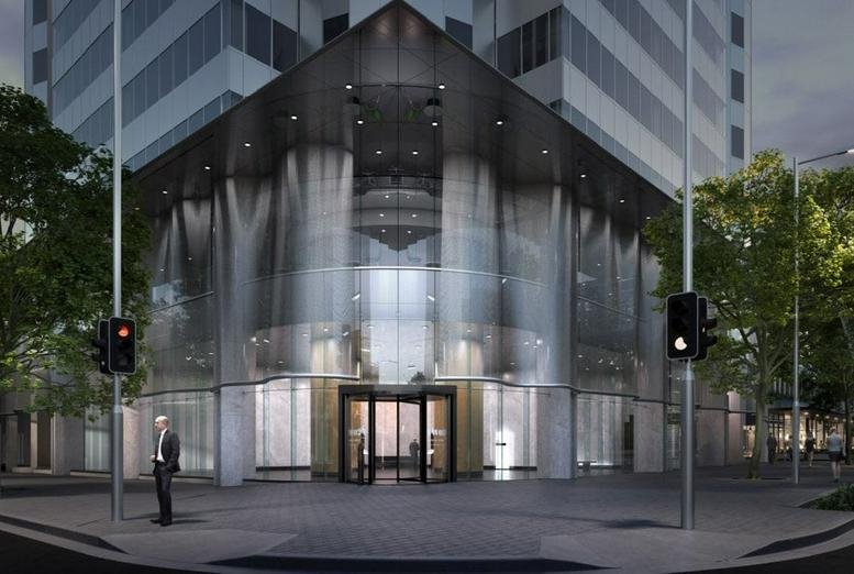 Evening view of the modern glass entrance at Executive Centre, 224 Bunda Street, Canberra, Australia.