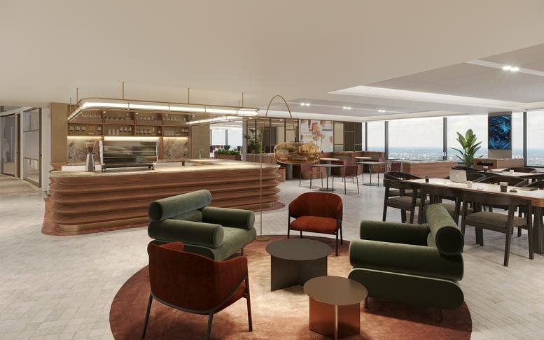 Spacious communal lounge with diverse seating options and an adjacent café bar.