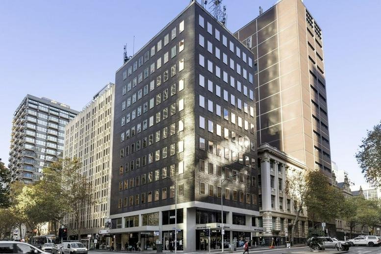 Exterior view of the dark-toned facade at 235, Queen Street, Melbourne.