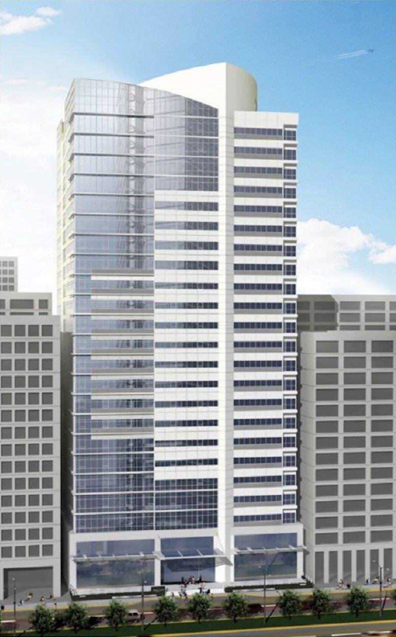 Exterior view of the modern glass-facade BGC Corporate Center under a blue sky.