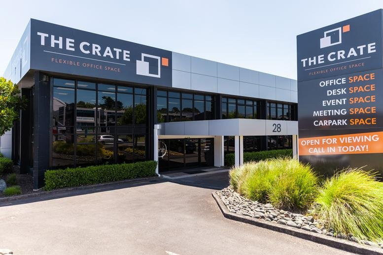 Exterior view of the modern facade and entrance of The Crate.