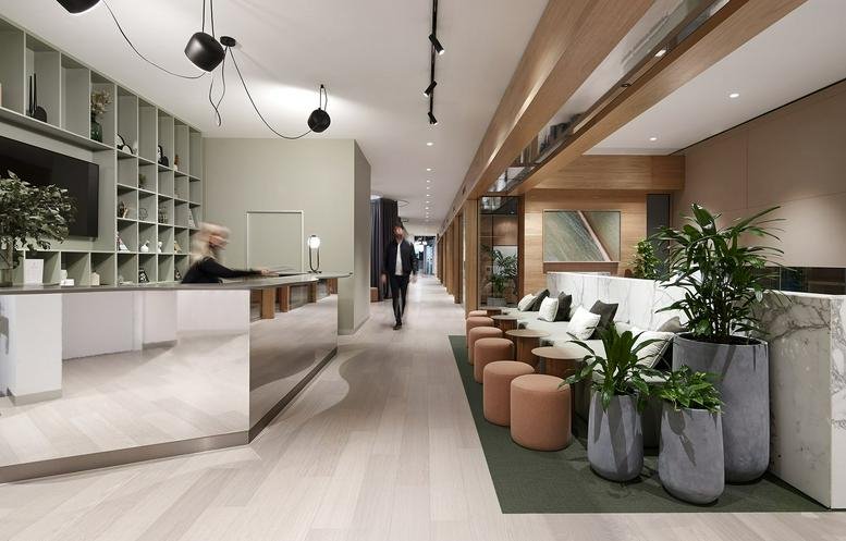 Spacious reception area at 3 Albert Coates Lane featuring a reflective desk, shelving, and greenery.