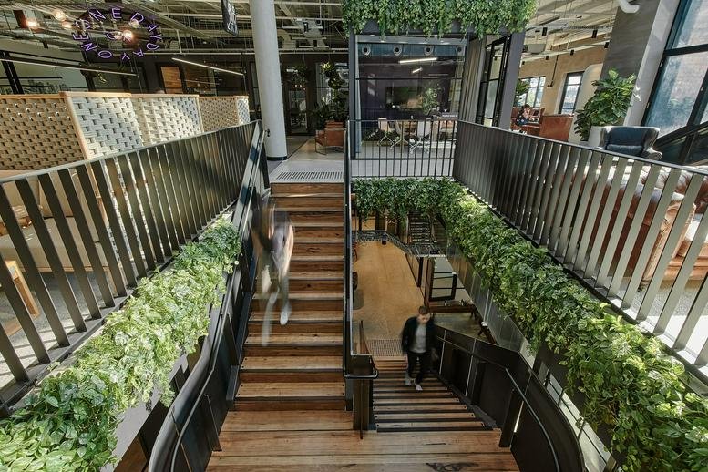 Spacious central atrium at 333 Drummond Street with wooden stairs and hanging greenery.