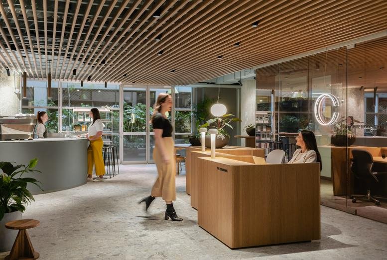 Spacious wood-slatted reception and lobby area at 388 George Street, Sydney, New South Wales.