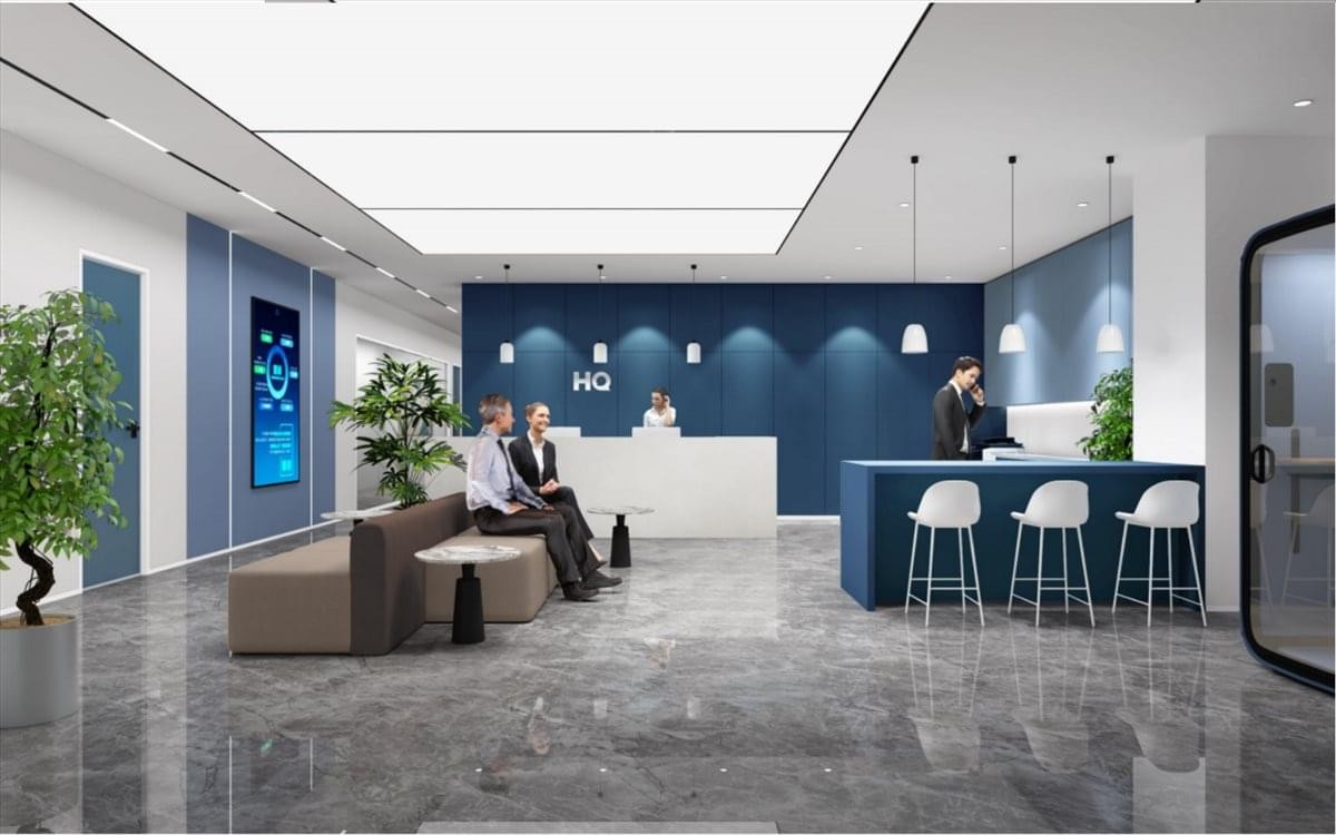 Modern lobby at 401 128 Memorial Road, Level 3, Shanghai with reception desk and lounge seating.