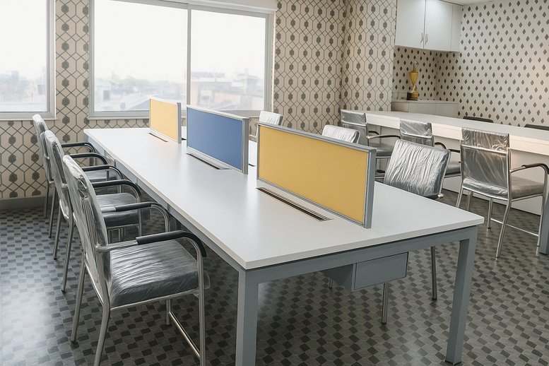 Modern open-plan workspace at GV Mall featuring white desks with blue and yellow privacy dividers.