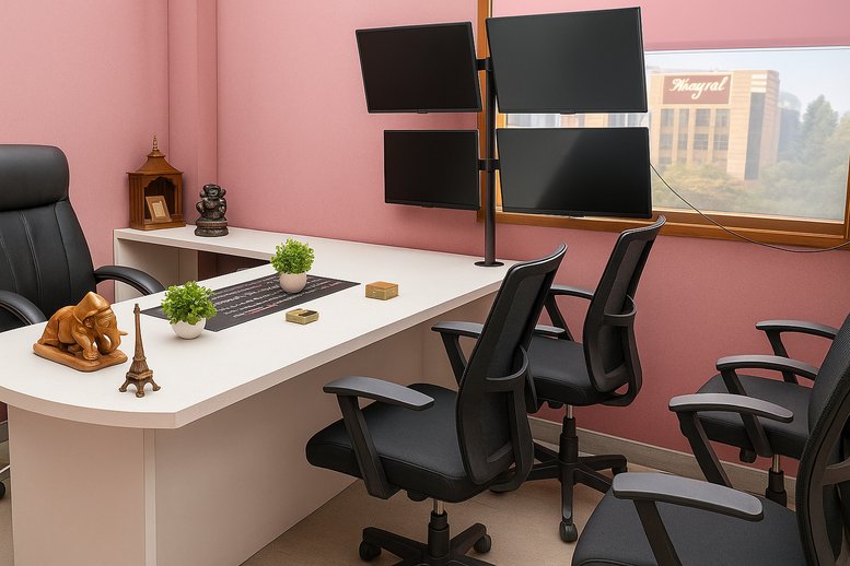 Executive office at GV Mall featuring a white L-shaped desk, leather chairs, and multiple monitors.