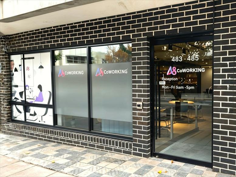Exterior view of the brick-facade A8 Coworking building at 483 Highett Road.
