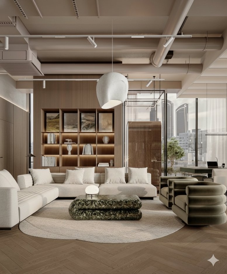 Interior view of a modern office lounge with a white sofa and green ottoman.