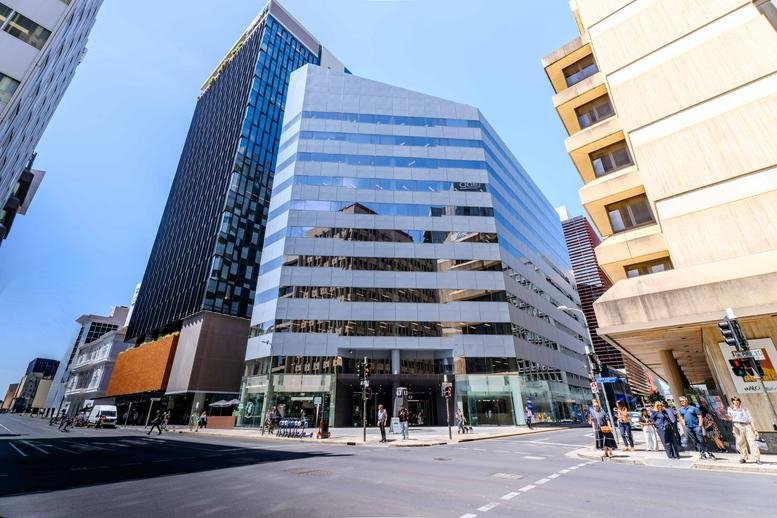 Exterior view of the multi-story commercial building at 63 Pirie Street in Adelaide.