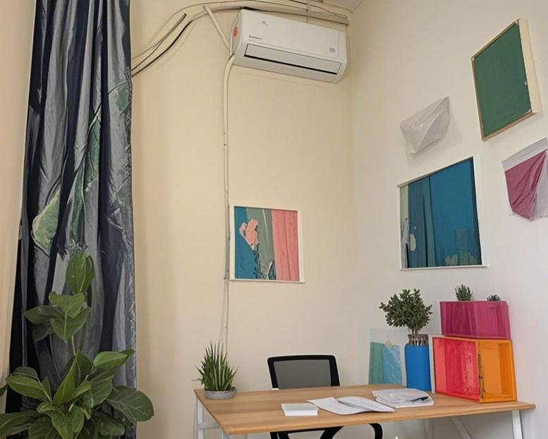 Bright workspace at 76-2, Jalan Tasik Utama 5 with a wooden desk, potted plants, and colorful wall art.