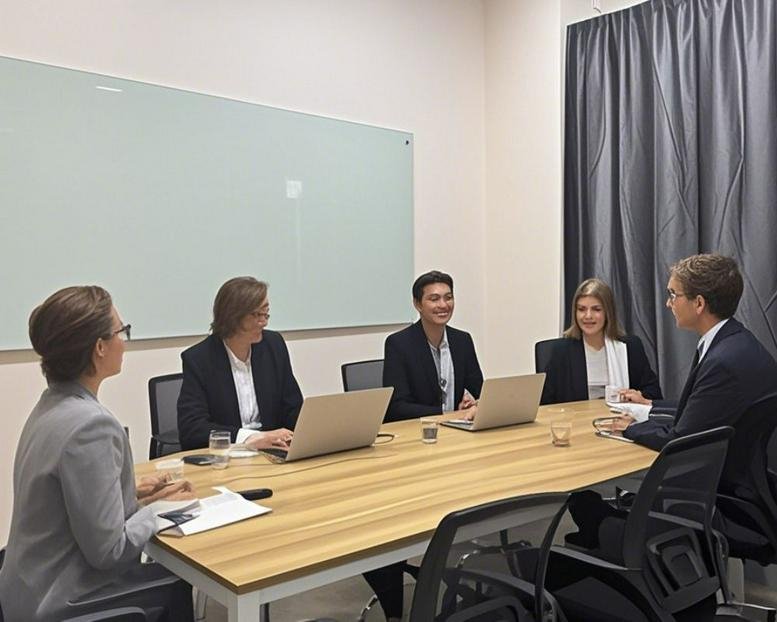 Professional meeting room featuring a wooden table, laptops, and people engaged in a discussion.