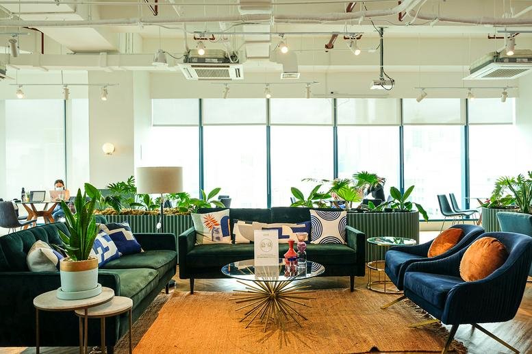 Spacious communal lounge at 8 Rockwell with green velvet sofas, potted plants, and floor-to-ceiling windows.
